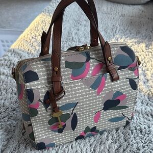 Fossil Multicolor Floral Satchel with Brown Handles